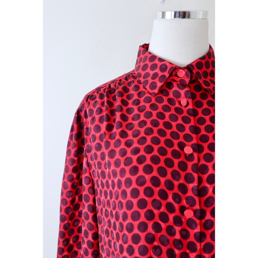 Vintage 1990s Louis Feraud Button Down Blouse Long Sleeve Collared Polka Dot Red - Picture 3 of 12
